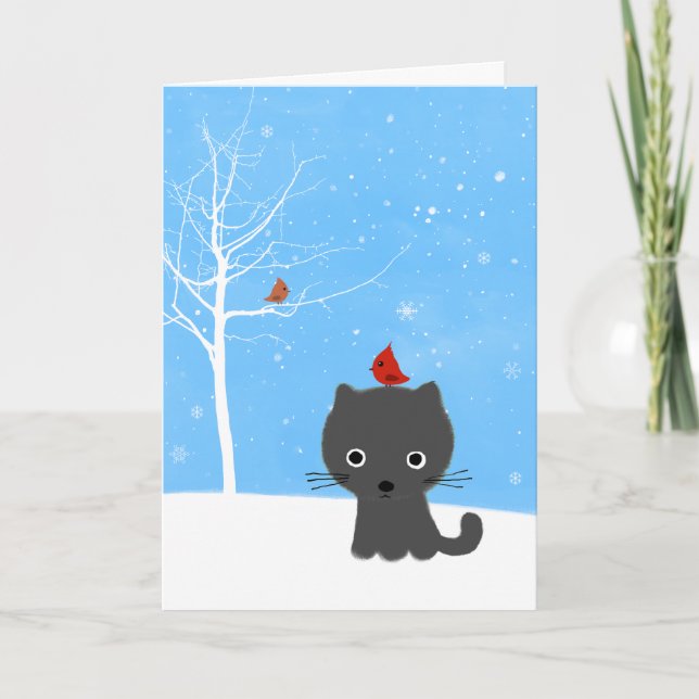 Tarjeta Festiva Un gato gatito y pequeños pájaros rojos Navidades  (Anverso)