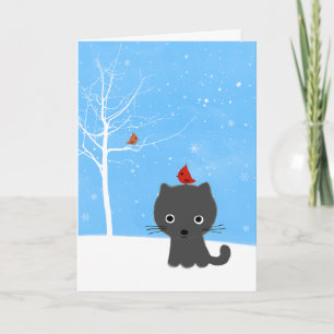 Tarjeta Festiva Un gato gatito y pequeños pájaros rojos Navidades