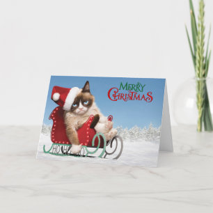 Tarjeta Festiva Un gato lindo en un trineo