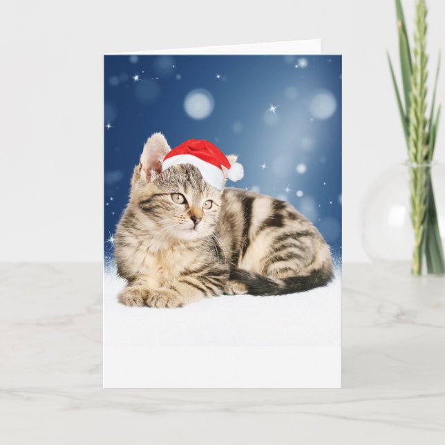 Tarjeta Festiva Un gato lindo vestido con Navidades de sombrero ro (Anverso)