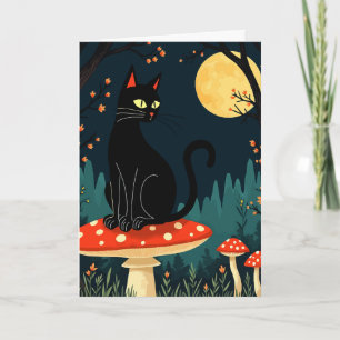Tarjeta Festiva Un Gato Negro Familiar y Hongos de Halloween 3
