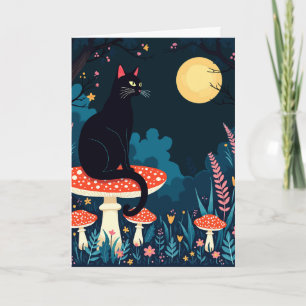 Tarjeta Festiva Un Gato Negro Familiar y Hongos de Halloween 4