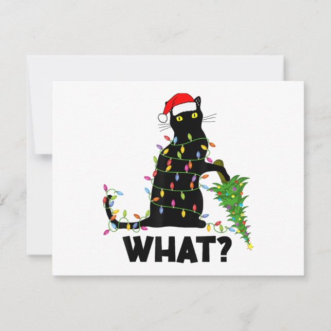 Tarjeta Festiva Un gato negro gracioso que presiona el árbol de Na (Anverso)