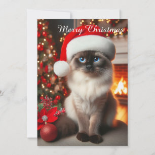 Tarjeta Festiva Un gato siamés con sombrero de Santa
