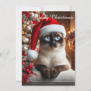 Tarjeta Festiva Un gato siamés con sombrero de Santa