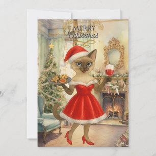 Tarjeta Festiva Un gato siamés sirve bebidas a Navidades con galle