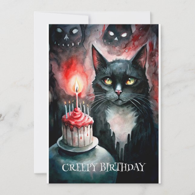 Tarjeta Festiva Un Gato Sombrío De Día B Con Pastel Y Criaturas Fa (Anverso)