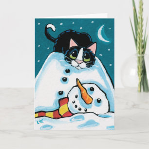 Tarjeta Festiva Un gato travieso y un hombre sin cabeza de nieve