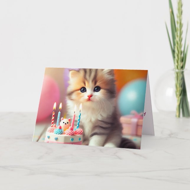 Tarjeta Festiva Un gato y un pastel (Anverso)