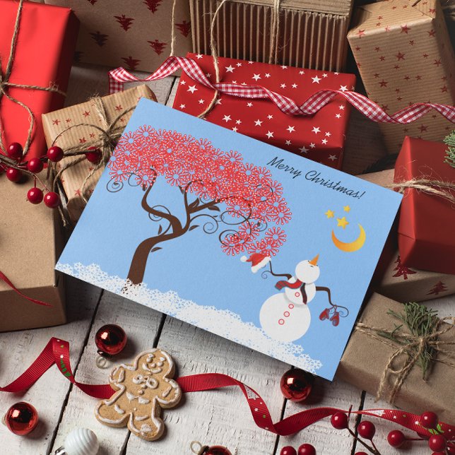 Tarjeta Festiva Un hombre de nieve con cara a la luna (Subido por el creador)