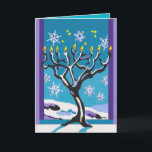Tarjeta Festiva Un Jánuca hivernal<br><div class="desc">Jánuca baja a menudo en invierno, apenas pues los primeros copos de nieve caen suavemente a través del cielo. La gente enciende la lámpara de Jánuca por una ventana, con vistas al cielo de la noche. Esta tarjeta muestra una lámpara de Jánuca, formada como un nevado, desnudo-ramificó árbol, colocado antes...</div>