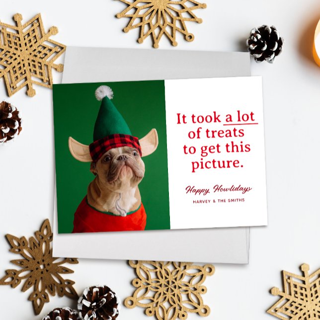 Tarjeta Festiva Un montón de tratamientos Feliz Mascota Funny Howl ("It took a lot of treats to get this picture" funny holiday pet photo card, red text on white)