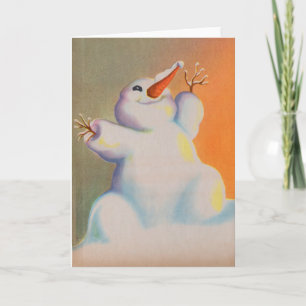 Tarjeta Festiva un muñeco de nieve feliz saluda la mañana
