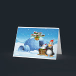 Tarjeta Festiva Un muñeco de nieve y un pingüino frente al iglú<br><div class="desc">Ilustracion de un muñeco de nieve y un pingüino frente al iglú</div>