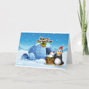 Tarjeta Festiva Un muñeco de nieve y un pingüino frente al iglú