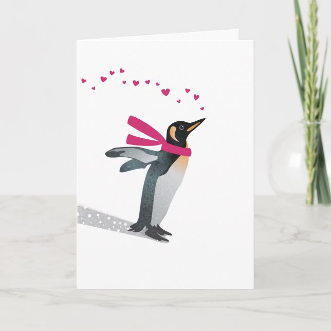 Tarjeta Festiva Un pingüino suave soplando besos de corazón. (Anverso)