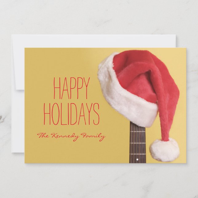 Tarjeta Festiva Un sombrero Santa cuelga de una guitarra acústica  (Anverso)