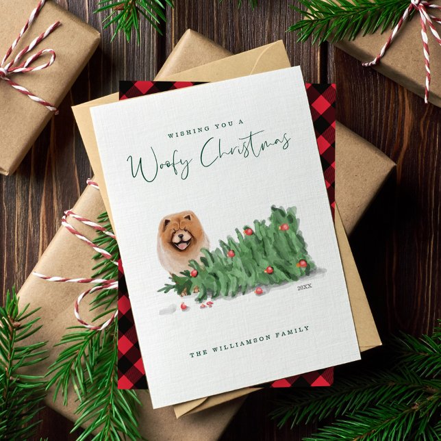 Tarjeta Festiva Un travieso árbol derribado por encima de la manch (Naughty Dog Watercolor Chow Chow Knocked Tree Over Holiday Card)