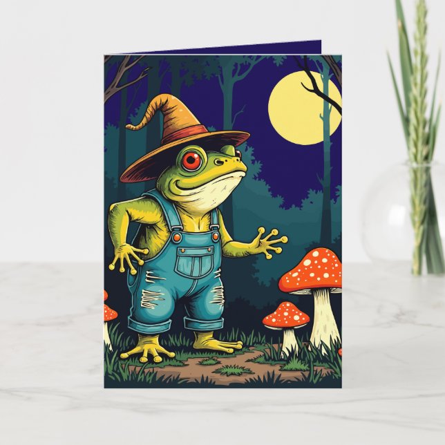 Tarjeta Festiva Una Bruja Sapo Familiar Forrajeando de Noche (Anverso)