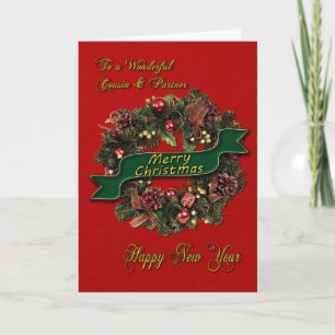 Tarjeta Festiva Una corona de Navidades para tu primo + pareja