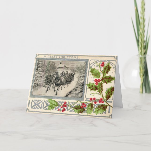 Tarjeta Festiva Una Feliz Navidad, Caballo arrastrado Sleigh, Vint (Anverso)