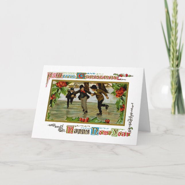 Tarjeta Festiva Una Feliz Navidad, Patinadores De Hielo (Anverso)