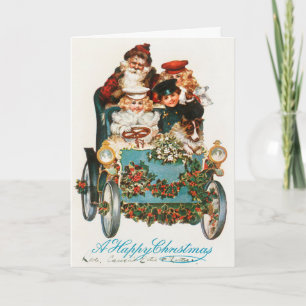 Tarjeta Festiva Una Feliz NavidadPapá Noel y Niños Conduciendo Coc