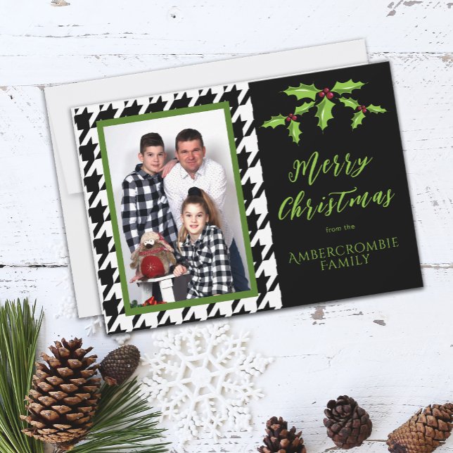 Tarjeta Festiva Una Foto Cuadro de Houndstooth en Blanco y Negro (Black & White Houndstooth Christmas Card)