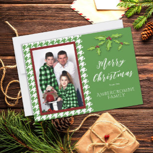 Tarjeta Festiva Una Foto Verde y Blanco Houndstooth