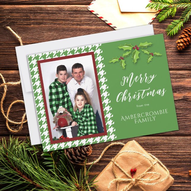 Tarjeta Festiva Una Foto Verde y Blanco Houndstooth (Green & White Houndstooth Christmas Card)
