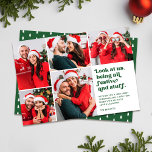 Tarjeta Festiva Una mirada divertida a los 5 Navidades de Collage<br><div class="desc">Esta divertida tarjeta de vacaciones de cinco collage de fotos presenta tipografía de estilo retro que dice, "Mírennos, siendo todos festivos y cosas" en verde sobre fondo blanco. Don esos sombreros de Santa, corderos de renos, suéteres feos u otros atuendos y accesorios Navidades obvios. Entonces, tomen algunas fotos. Sube tus...</div>