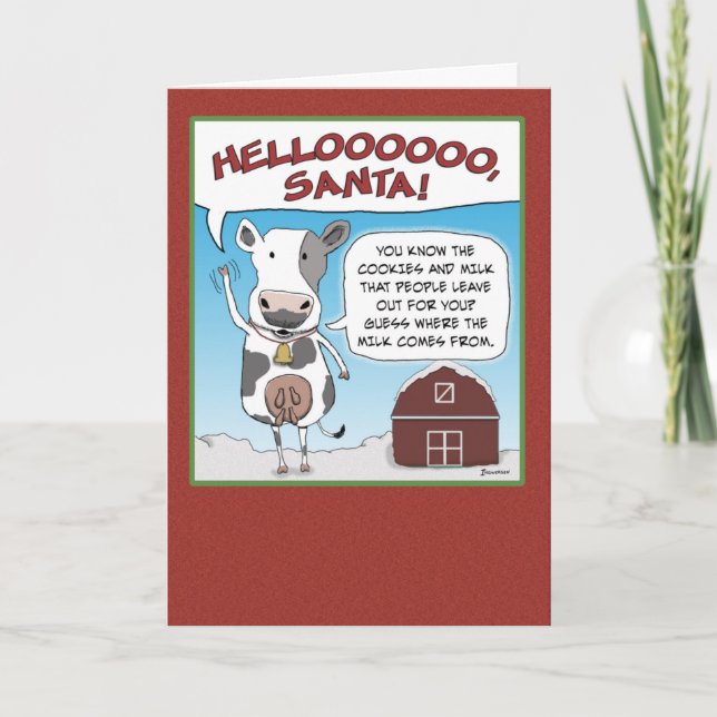 Tarjeta Festiva Una vaca divertida trata de llamar la atención de  (Anverso)