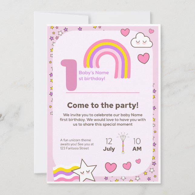 Tarjeta Festiva unicorn Birthday Invitation  (Anverso)