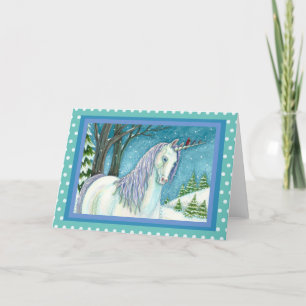TARJETA FESTIVA UNICORN INVIERNO Y AVES, PAISAJE DE NIEVE PACÍFICO