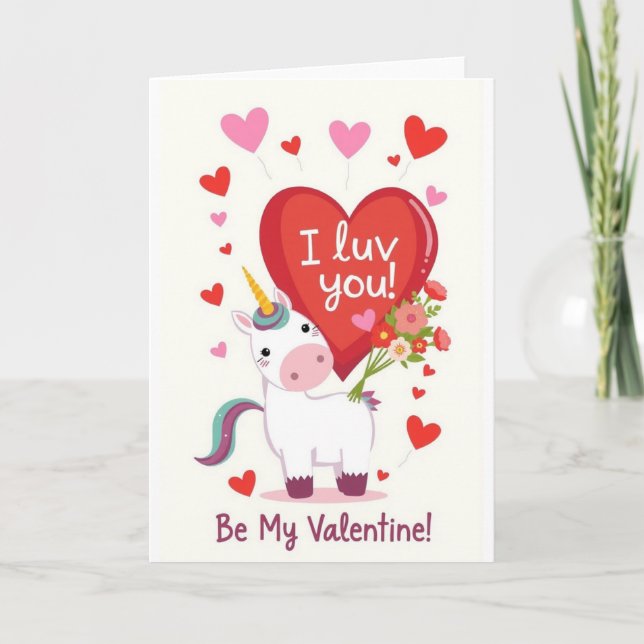 Tarjeta Festiva Unicorn Luv! Valentines Day Card (Anverso)