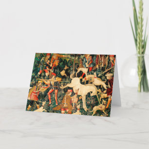 Tarjeta Festiva Unicorn Tapestries defiende la caza