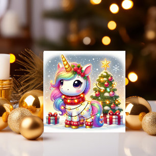 Tarjeta Festiva Unicornio adornado con luces por el árbol de Navid