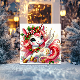 Tarjeta Festiva Unicornio Alegre con Acebo y Pezuñas Doradas