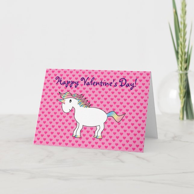Tarjeta Festiva Unicornio blanco de arcoiris con corazones rosados (Anverso)