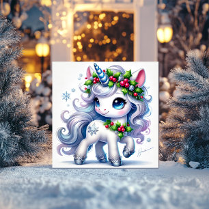 Tarjeta Festiva Unicornio con copo de nieve con detalles del hielo
