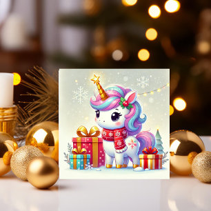 Tarjeta Festiva Unicornio con regalos y copos de nieve