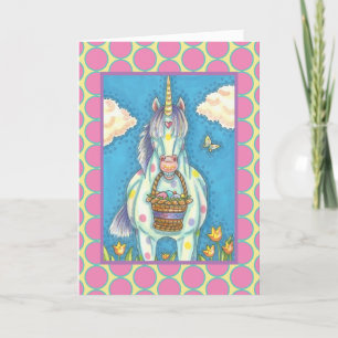 Tarjeta Festiva UNICORNIO de la CESTA de PASCUA, verso de la