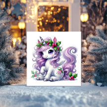 Unicornio de Nieve Lavanda con Ramas de Acebo