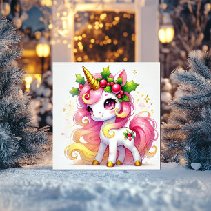 Tarjeta Festiva Unicornio de Resplandor Dorado con Corona de Acebo