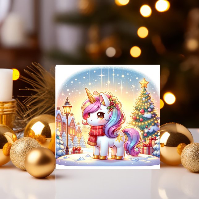 Tarjeta Festiva Unicornio del crepúsculo en un pueblo navideño (Subido por el creador)