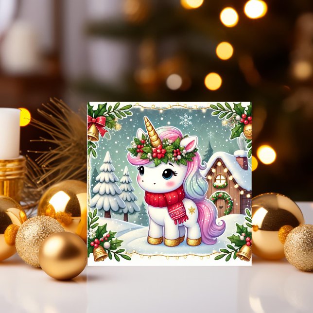 Tarjeta Festiva Unicornio en una cabaña de invierno festiva (Subido por el creador)