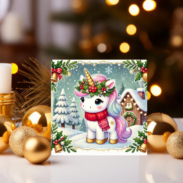 Tarjeta Festiva Unicornio en una cabaña festiva de invierno