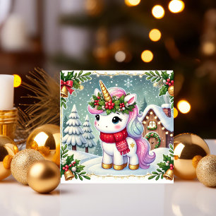 Tarjeta Festiva Unicornio en una cabaña festiva de invierno