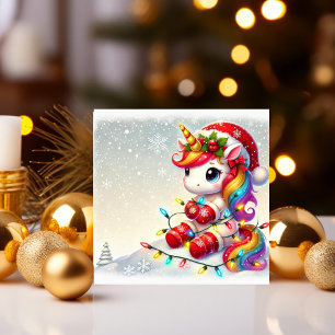 Tarjeta Festiva Unicornio festivo envuelto en luces de vacaciones