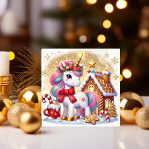 Tarjeta Festiva Unicornio junto a la Casa de Pan de Jengibre